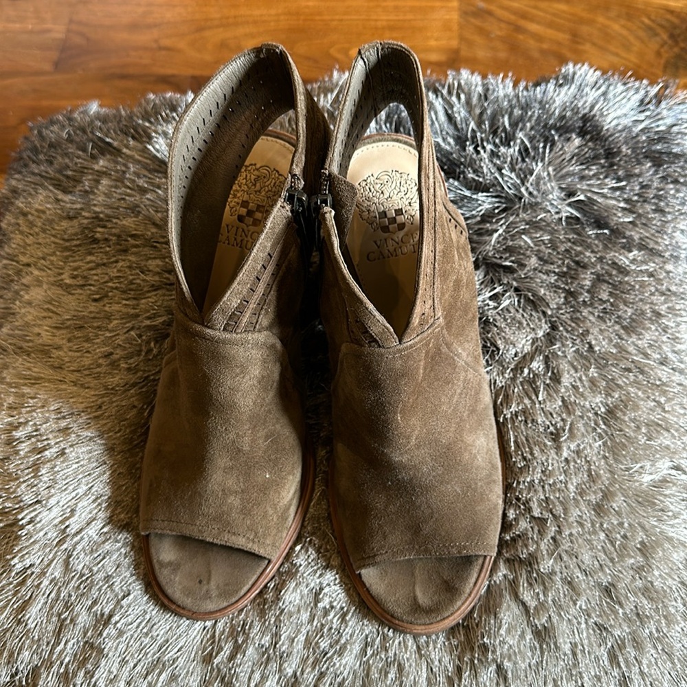 Vince Camuto Chocolate Brown Suede Open Toe and Heel Ankle Bootie